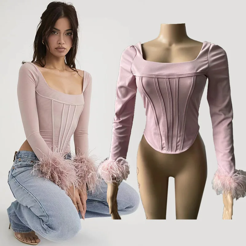 

Faionable Fibone Pattern ort Sve Women's Vest Pink Square Collar Long Sve Autumn Top Commute Sle Pure Color