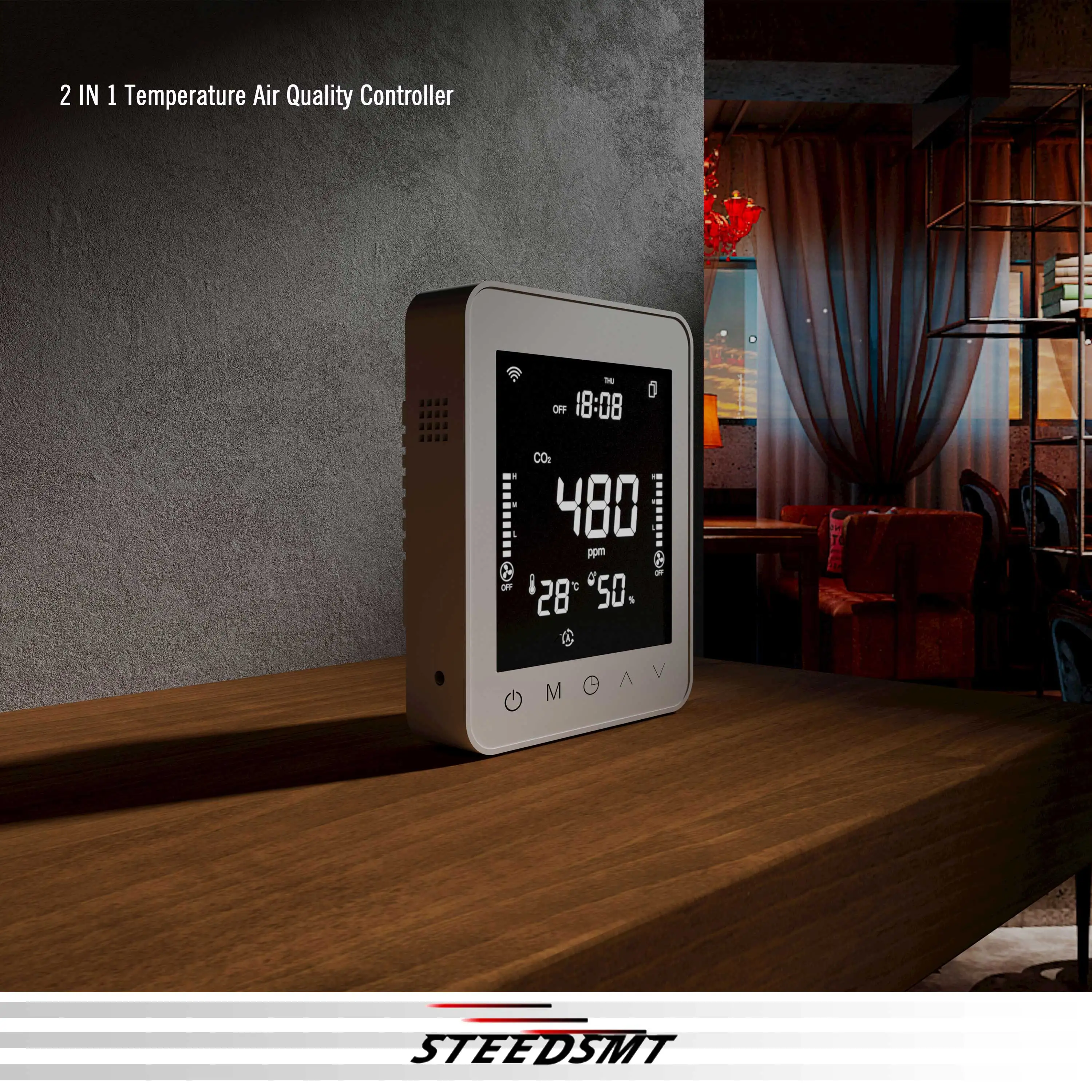Contrôleur de CO2 d'air frais pour réglage de la bobine du ventilateur de température 2 en 1, connexion à distance WIFI et RS485 avec capteur de mémoire historique