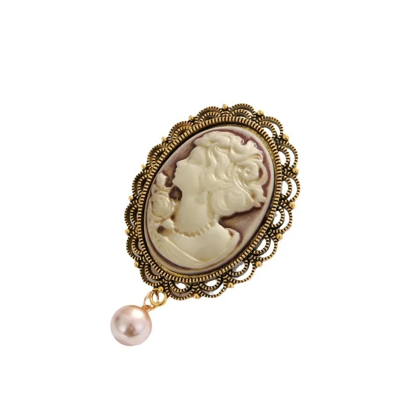 Elegant Queen Cameo Beauty Head Pearl Water Drop Women Brooch Lapel Pins Wedding Banquet Jewelry Gifts Clothing Coat Accessories