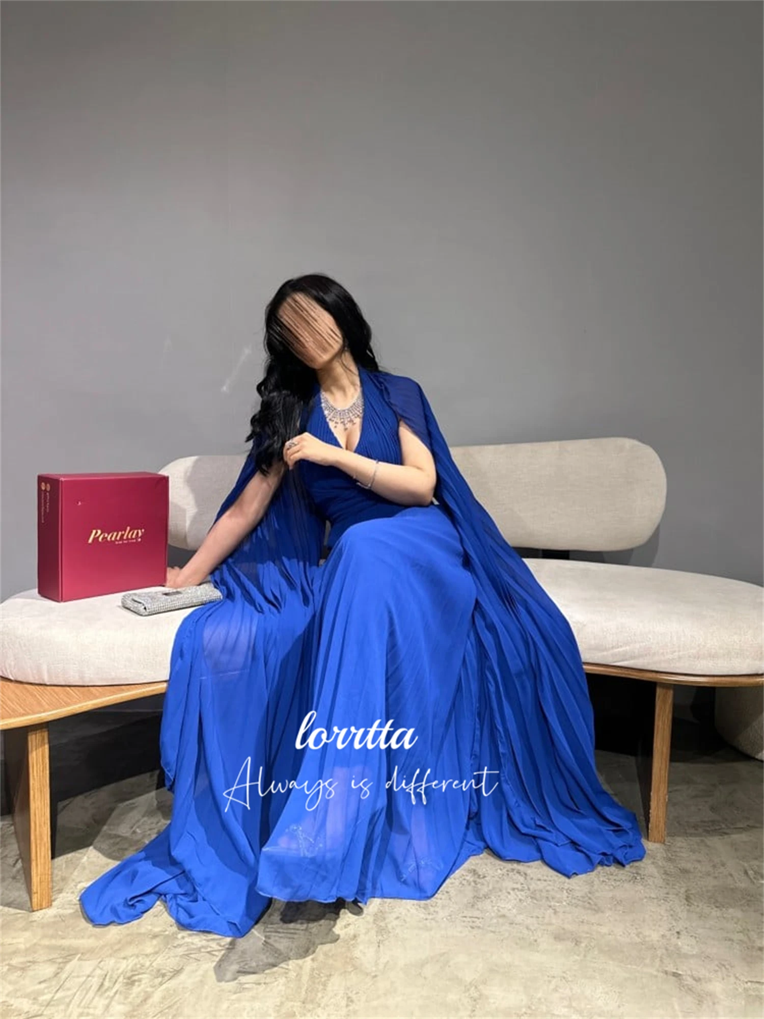 Lorrtta Blue Chiffon Eid Dress Shawl Evening Wedding Party V-neck Ceremony Dresses for Women 2024 Elegant Long Gala Luxury Woman