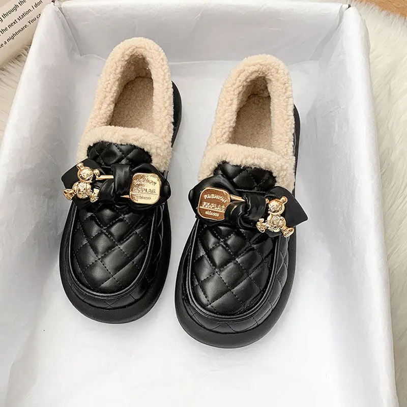 Loafers Fur Casual Woman Shoe Slip-on All-Match Round Toe Shallow Mouth Winter Slip On Comfortable New Moccasin Slip-On Rubber B