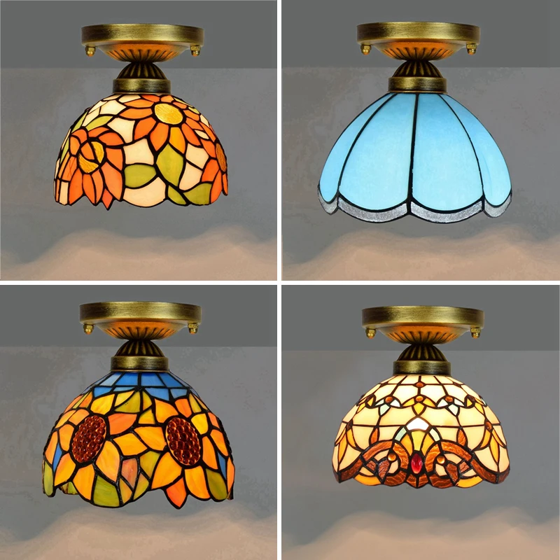 

Tiffany Style Stained Glass Ceiling Lamp Vintage Mediterranean Baroque Aisle Loft Decor Bedroom Stairs Home Lighting Fixtures