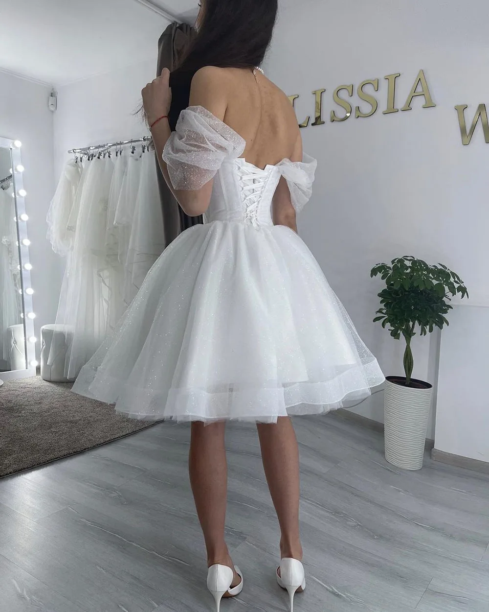 Msikoods Short Wedding Dresses Off The Shoulder Glitter Tulle Pleats Bridal Gown Lace Up Wedding Party Dress Vestidos De Noiva