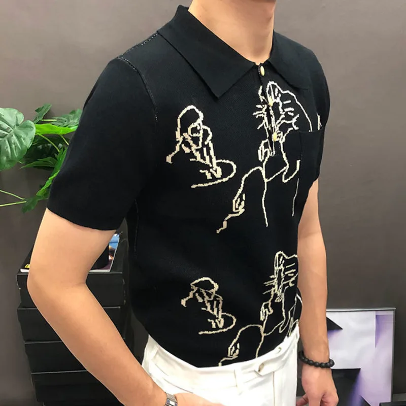 British Style Graphic Men Polo Shirt Print Pattern Slim Fit Knitted TShirt Lapel Polo Social Club Outfits Camisa Hombre Black