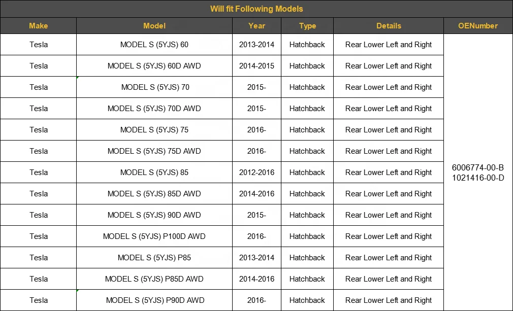 Parte del braccio di controllo inferiore posteriore della sospensione del produttore per il modello S AWD 5YJS 1021416 -00-D 6006774 -00-B