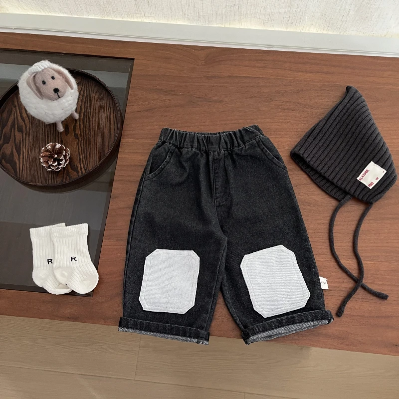 

2025 Autumn and Winter New Baby Versatile Patch Fabric Fashionable Straight Leg Pants Long Pants