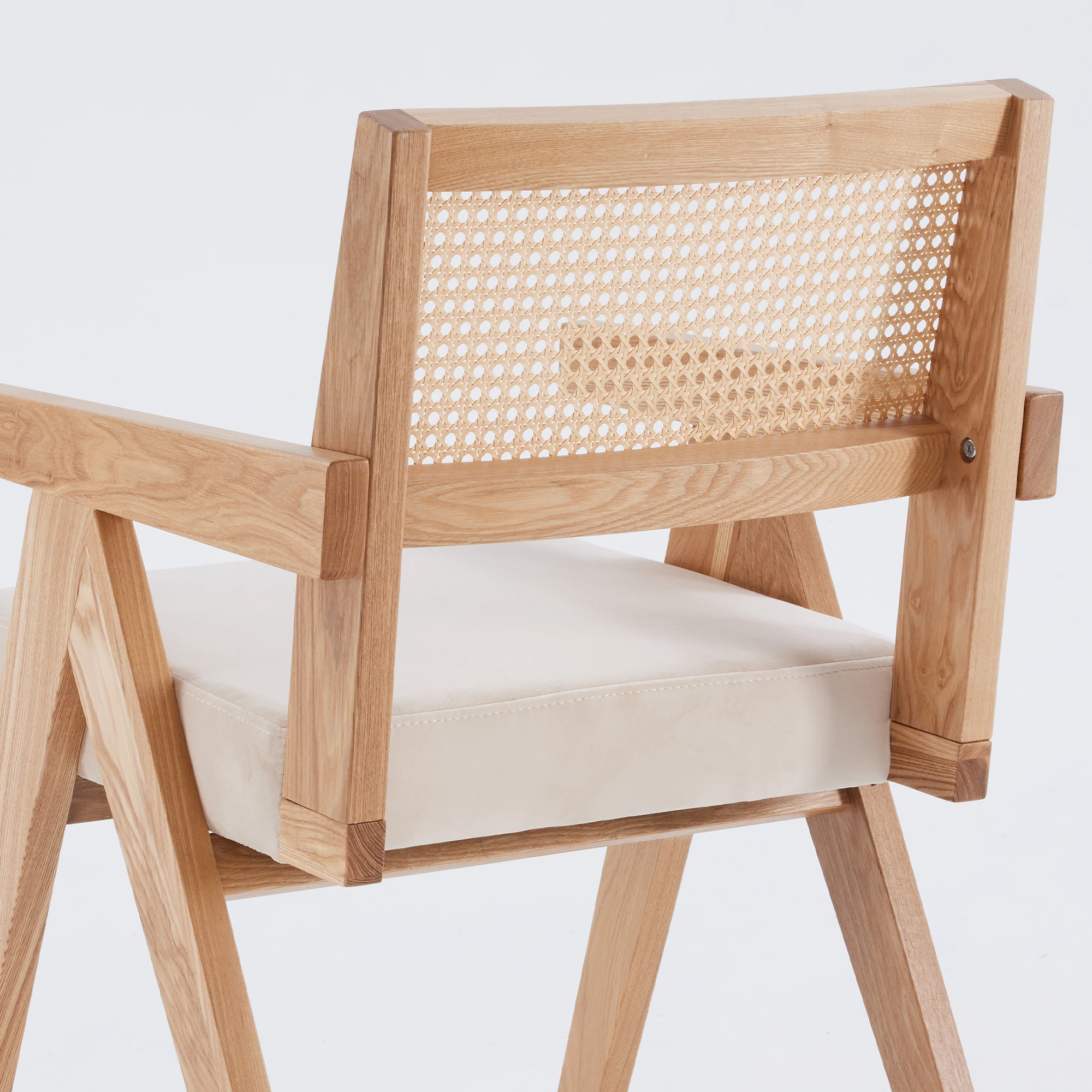 Set of 2 Mid-Century Rattan Dining Chair, Solid Ash Wood Frame, Woven Rattan Back, High-Resilience Foam, Non-Slip Pads view 4