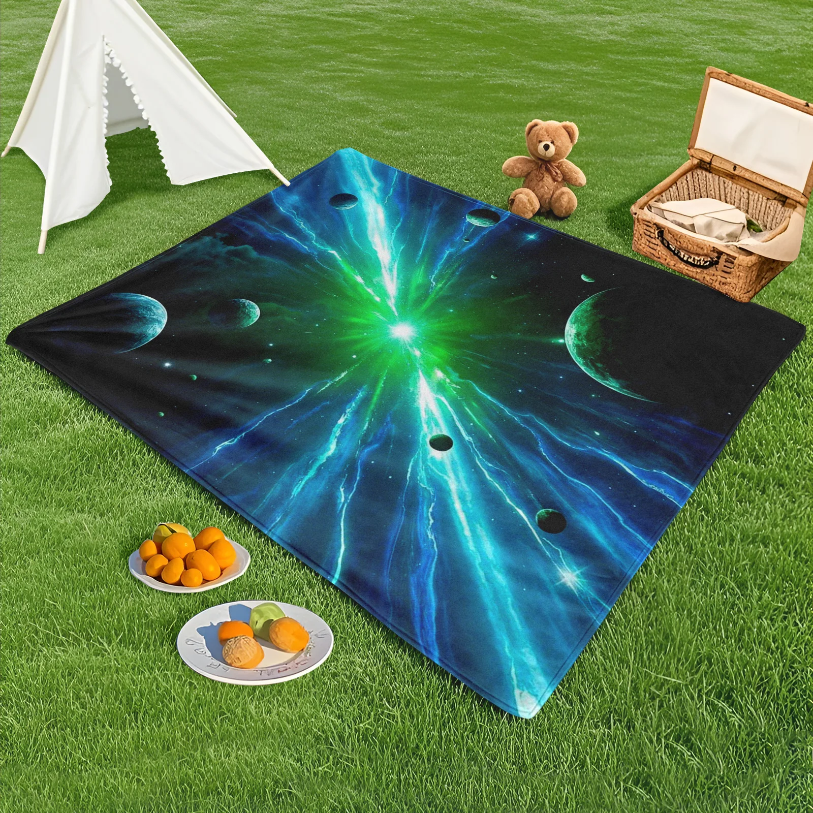 Sci Fi Galaxy And Turquoise Planet Universe Themed Outdoor Blanket For Cosmic Exploration And Nighttime Stargazing Adventures