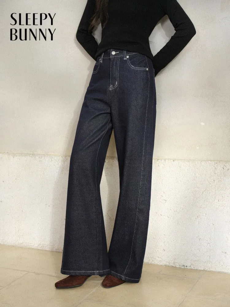

High Waist Women Wide Leg Jeans Pants Lady Loose Fit Contrast Stitch Straight Denim Trousers Casual Chic Daily Street Style