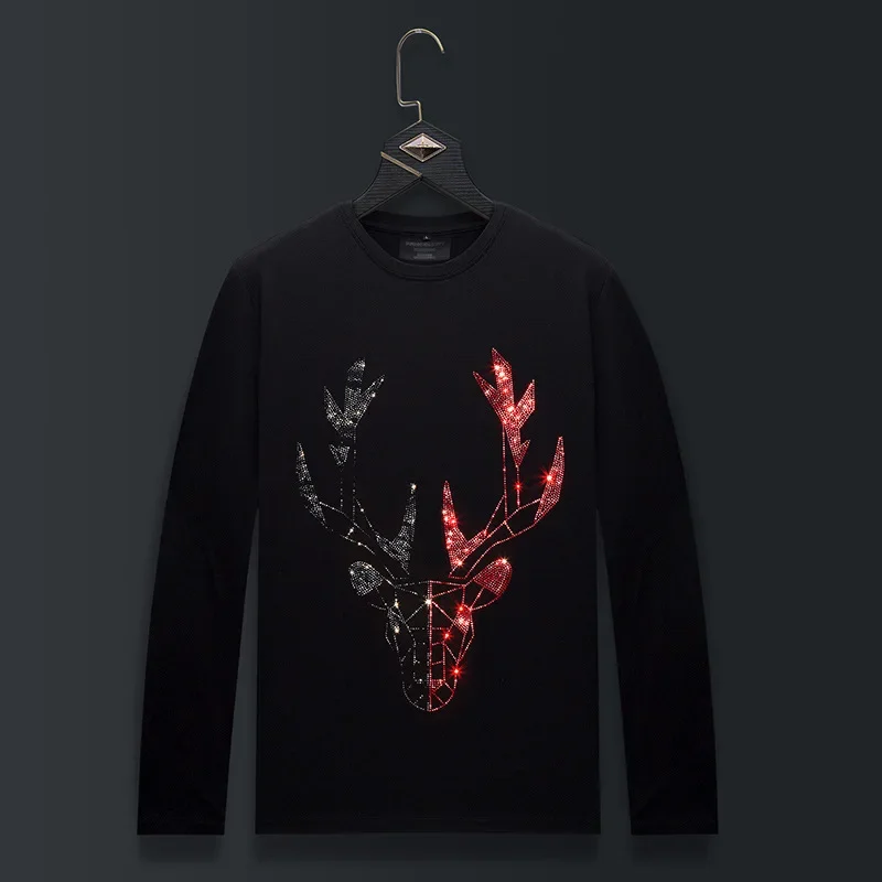 Plus Size O Neck Long Sleeve T Shirts Men Cartoon Deer Rhinestones Fashion Streetwear Slim Modal Cotton Tshirts Mens Clothing