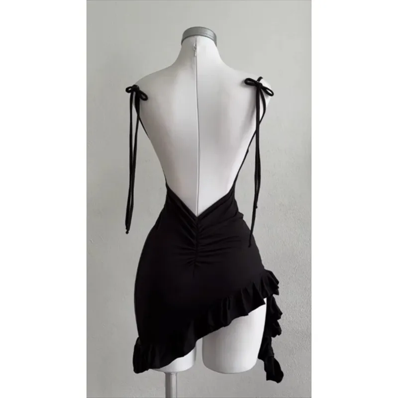 Sleeveless Backless Ruffles Mini Dress Women Summer Y2K Lace Up Black Bodycon Dresses Party Club Streetwear 2025 New Sundress