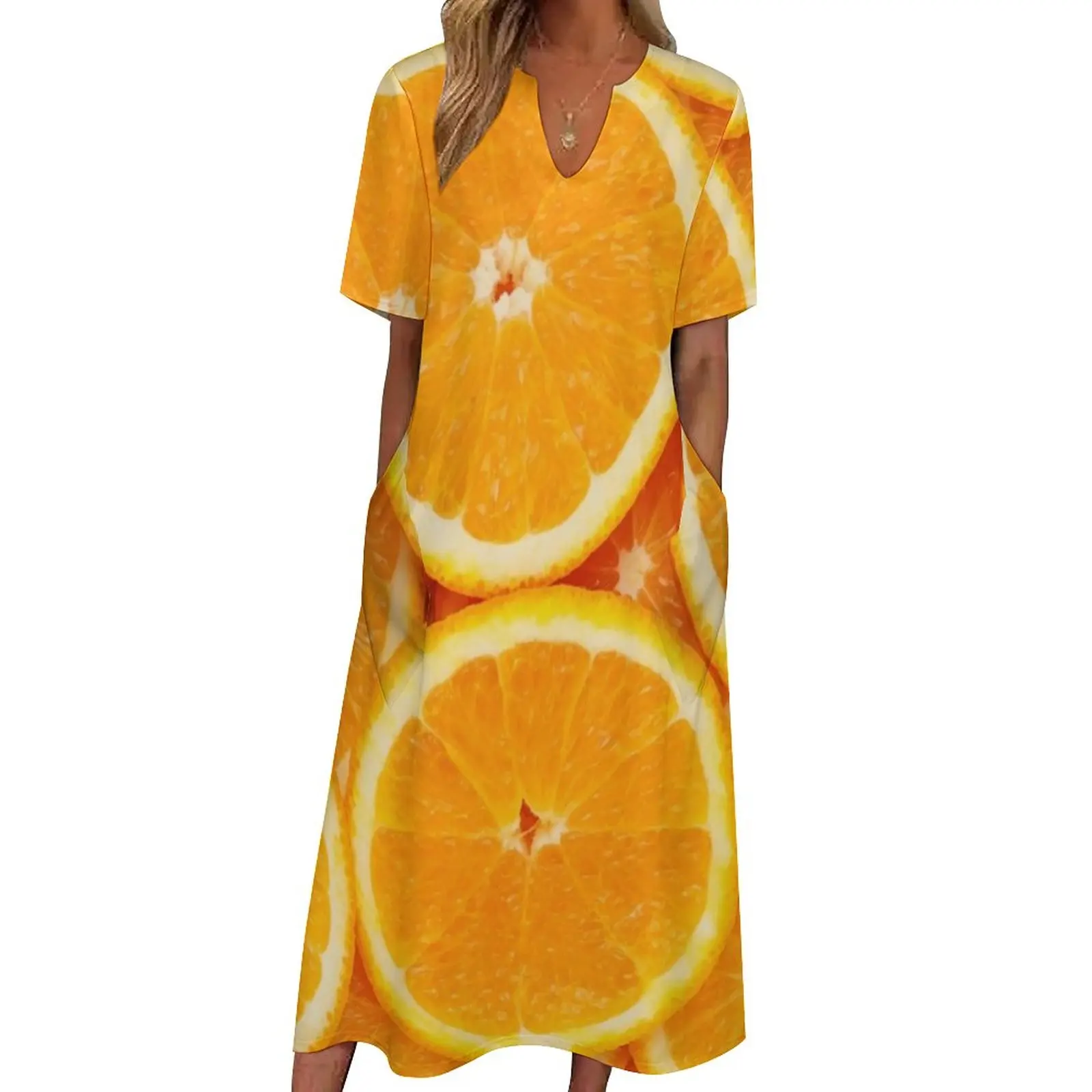 Orange Slices Dress Fresh Oranges Print Vintage Maxi Dress Aesthetic Casual Long Dresses Female V Neck Printed Oversized Vestido