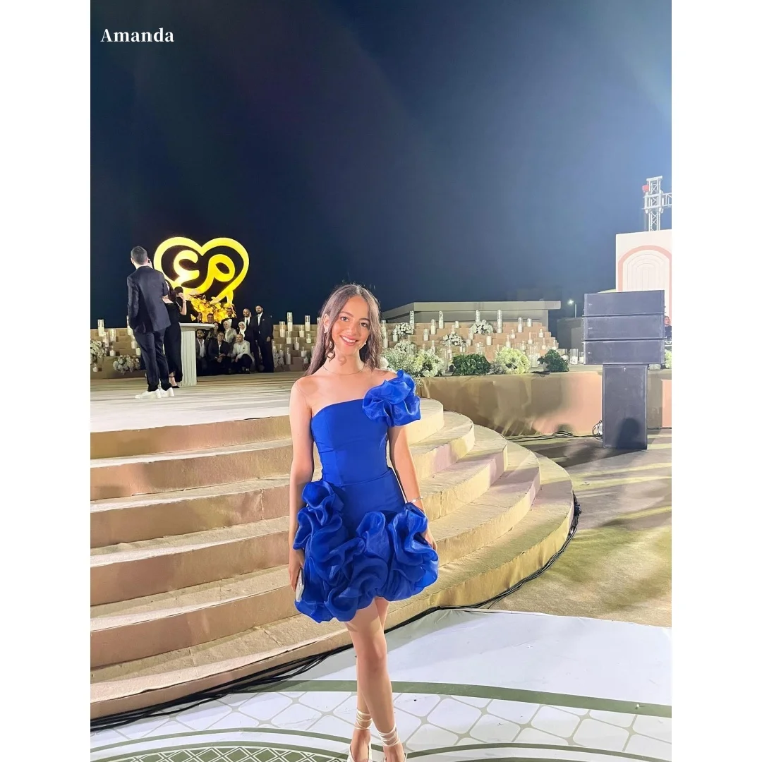 

Amanda Customized Blue Slanted Shoulders Prom Dress Backless vestidos de noche Sleeveless Mesh Fabric Flowers Formal Evening