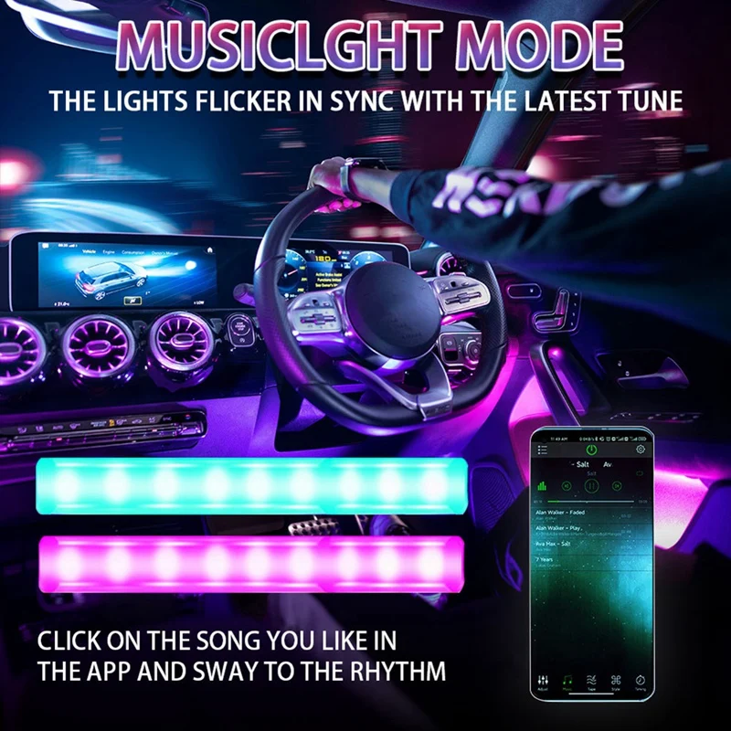 Car LED Lights Interior Smart With App Control, RGB Car Lights With Music And DIY Mode, 2 Lines Design With Car Charger Parts