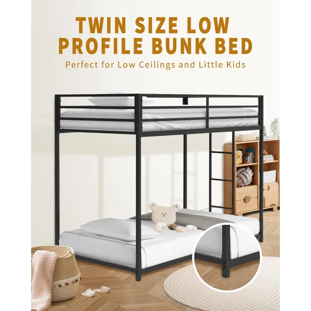 Metal Low Profile Bunkbed com escada lateral, Twin Over Twin Beliche, nenhuma mola de caixa necessária, fácil configuração, quadro de cama preta