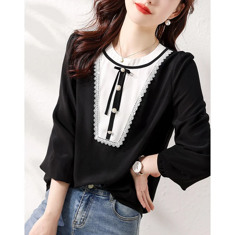 Fashion O-Neck Spliced Lace Beading Bow Blouses Women's Clothing 2023 Autumn Winter Loose Casual Pullovers Commuter Shirts