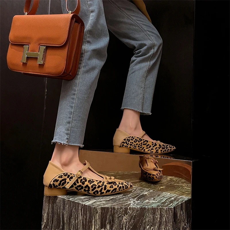 Meotina Women Genuine Leather T-Strap Pointed Toe Flats Buckle Leopord Ladies Mixed Colors Fashion Shoes Spring Autumn Apricot