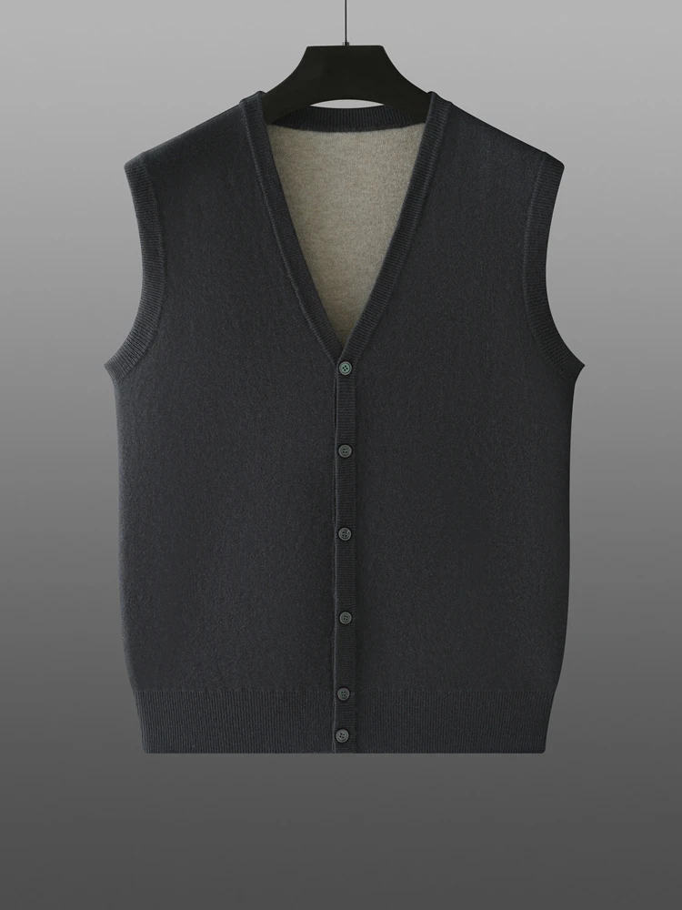 High-end Men\'s 100% Goat Cashmere Sweater V-Neck Sleeveless Cardigan Autumn Winter Thick Smart Casual Knitwear Soft Cosy Vest