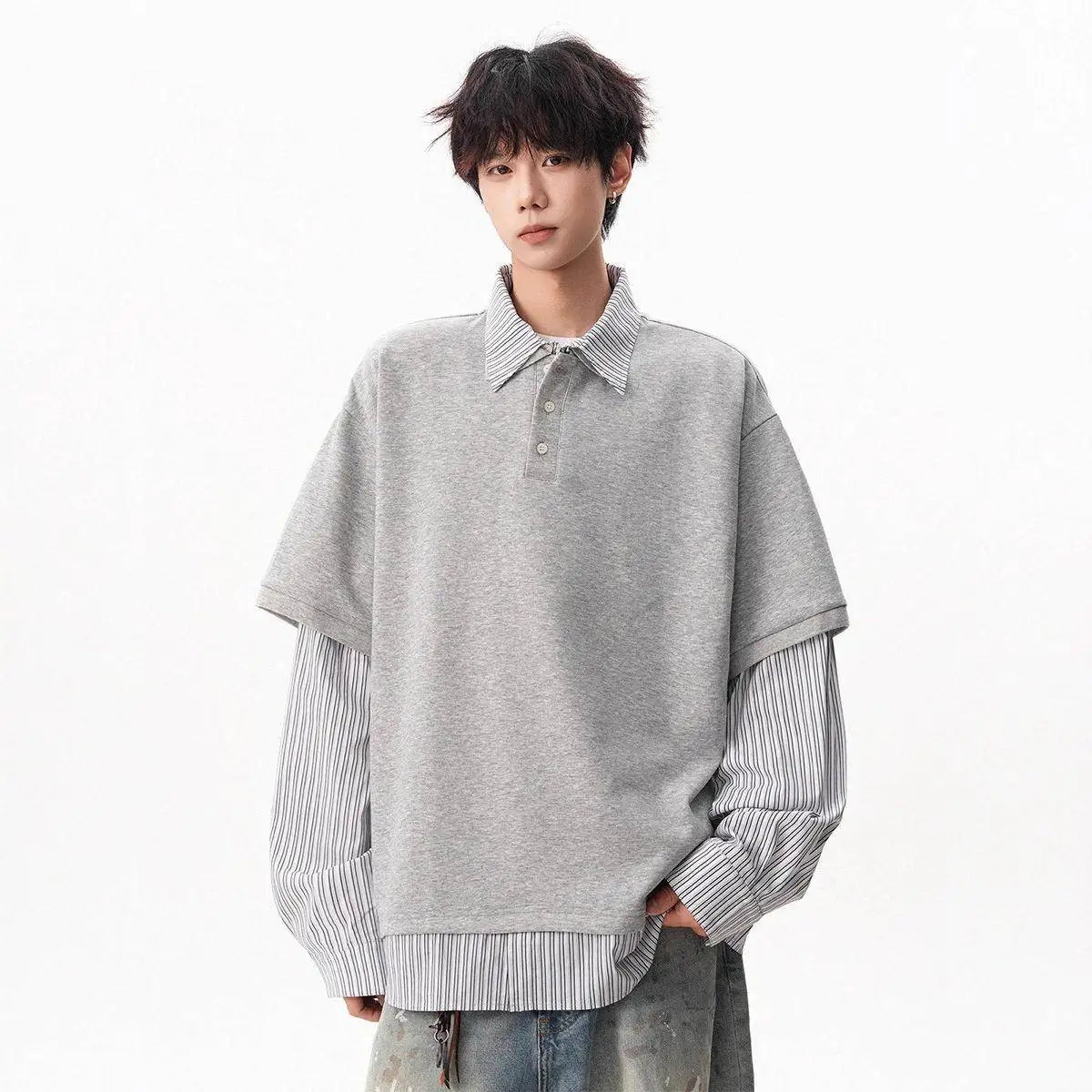 

American Style Loose Fit Shirt Hoodie Stripe Pattern Collared Top Trendy Brand Autumn College Style Versatile Flip Colla...
