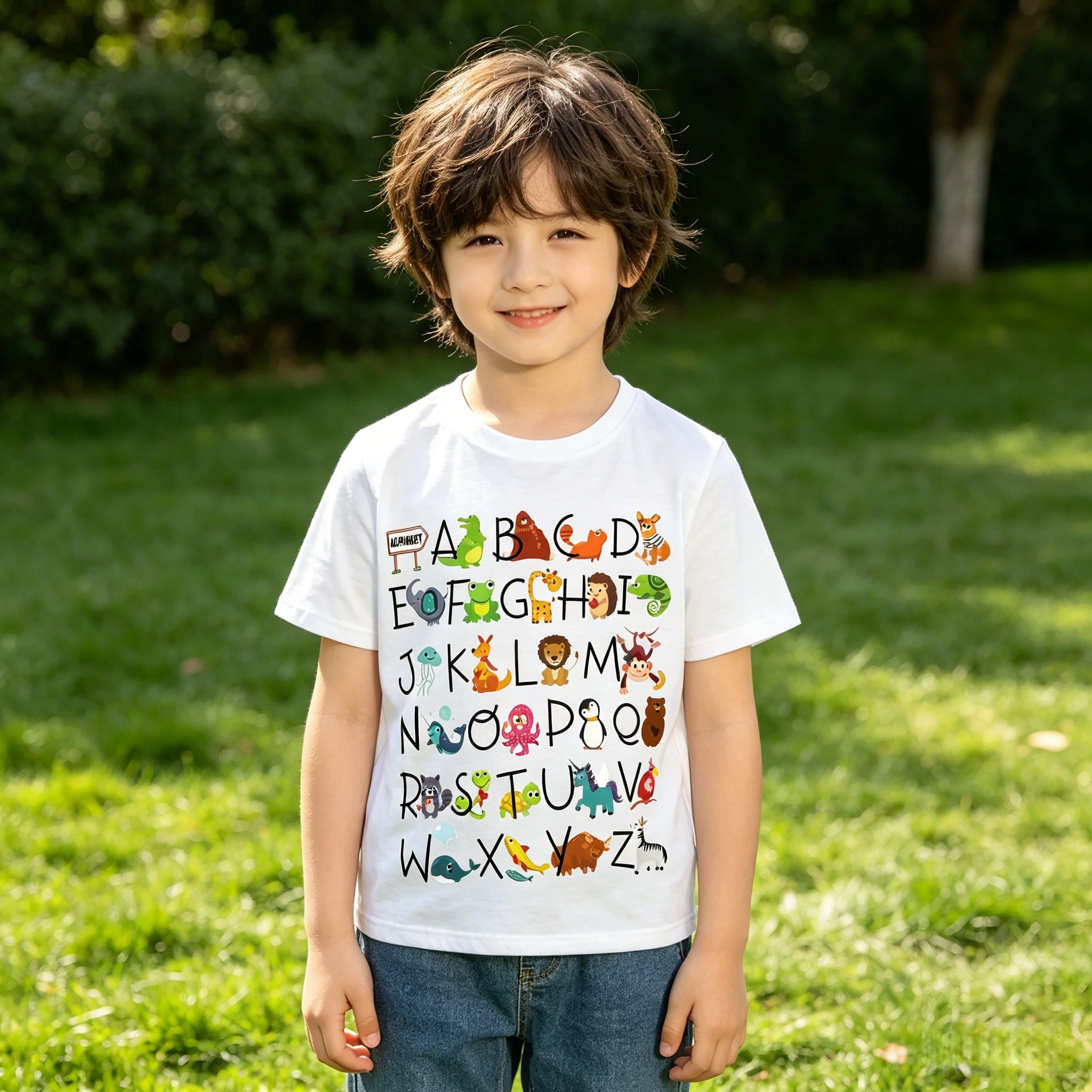 Camiseta divertida de algodón con estampado de animales y letras en inglés para niños, camiseta de manga corta para todas las estaciones, ropa informal para uso diario, traje de fiesta