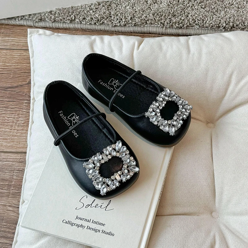 2-14Y Loafer Shoes for Girls Child Ballerina Flats Kids Diamond Mary Janes Party Dress Shoes Princess Elegant Shoes Black Silver