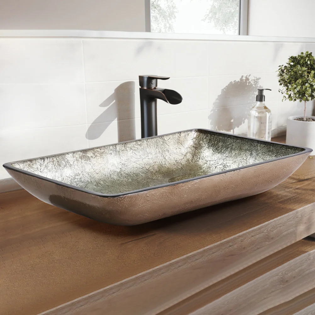 Gold Bathroom Artistic Vessel Sink Tempered Glass with Drain