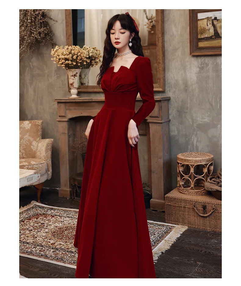 2024 Bride Toast Dress Wine Red Autumn New Long sleeved Square Neck Back to the Door, Can Wear Long A-line Skirt Normally