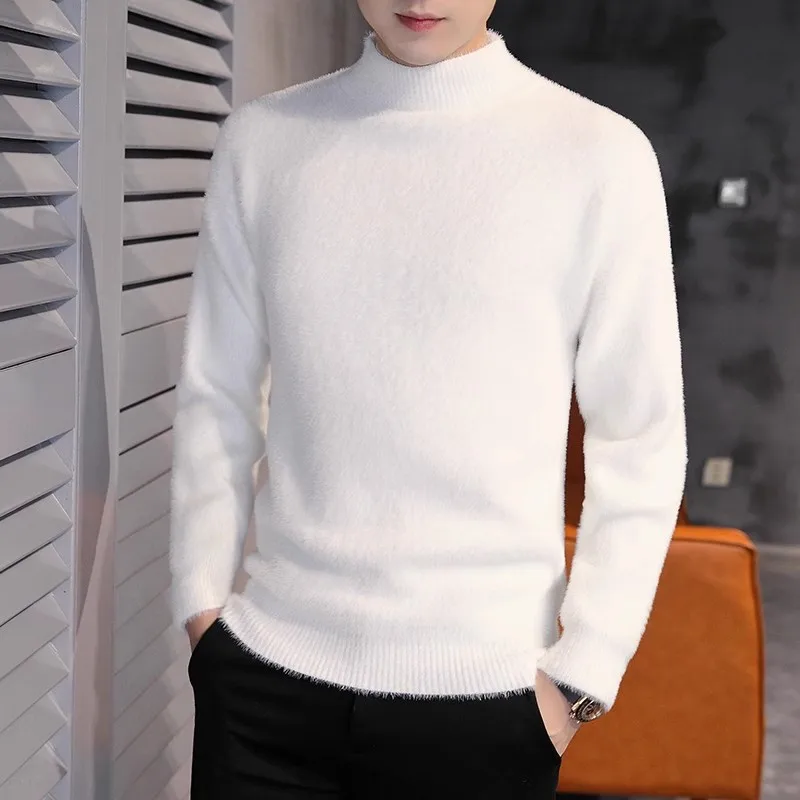 2023 Autumn Men Imitation Mink Velvet Sweaters Men Korean Fashion Trend Streetwear Sweater Teenage Basic Mock Neck Pullovers