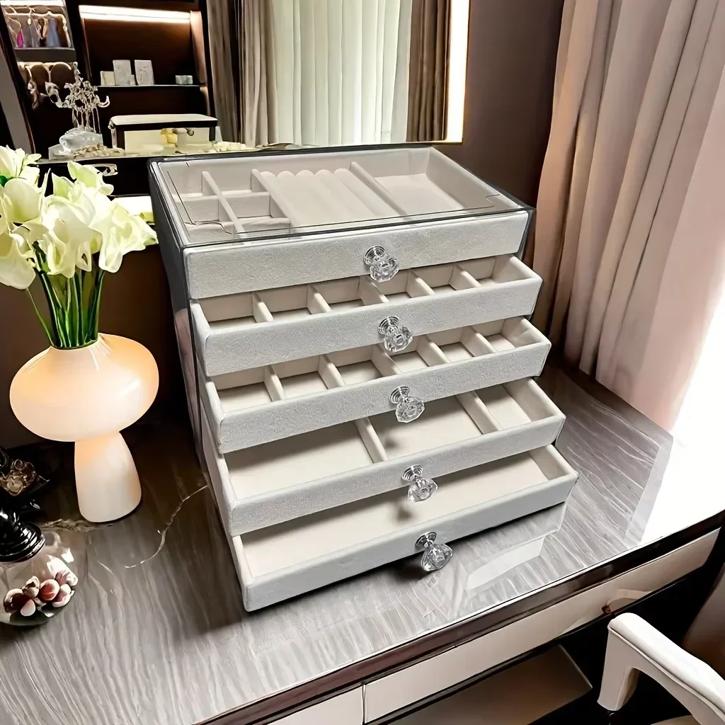 5Tier Dust-Proof Acrylic Jewelry Organizer Box, Elegant Modern Rectangular Tabletop Display Case  jewelry boxes and packaging