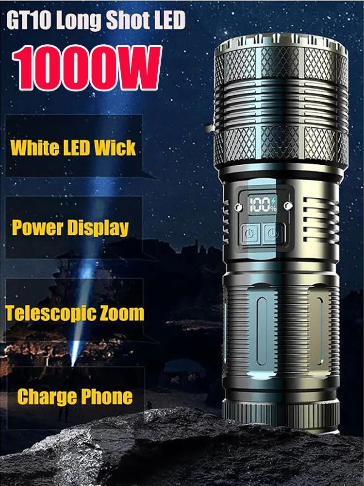 

1000W High Power LED Flashlight COB Tail Light Lantern Type-C Rechargeable USB Torch Built-in 7800Mah Battery for Camping Fishin