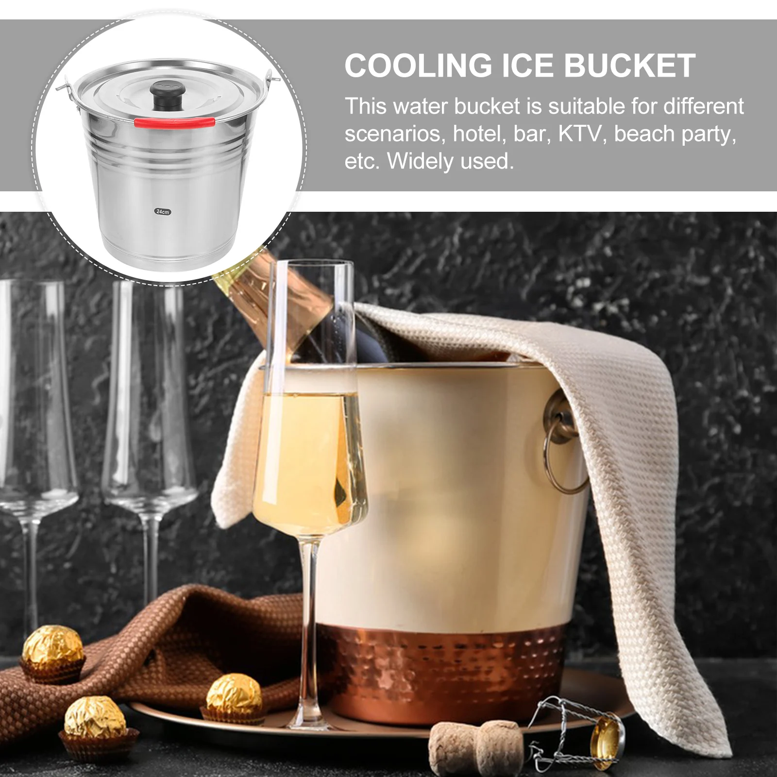 

Stainless Steel Water Bucket Thickened with Lid Bar Party Ice Cube Storage Container Durable Multi-Functional Water Bucket