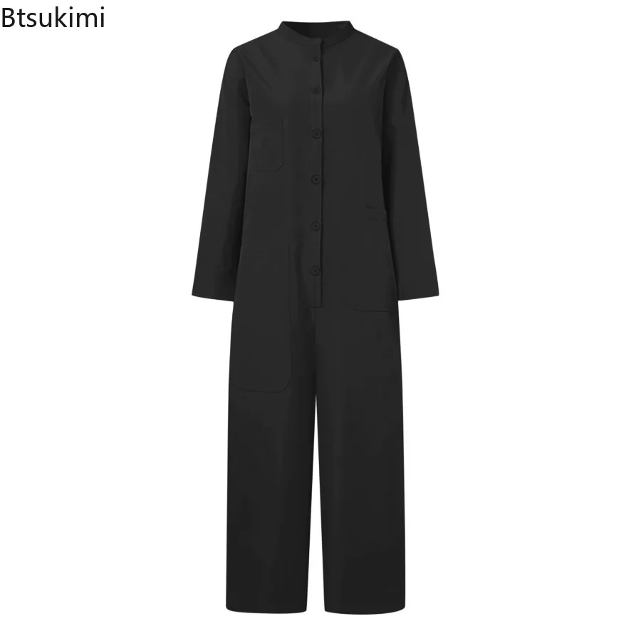 2024 Women\'s Casual Solid Jumpsuits Fashion Stand Collar Long Sleeve Multi Pocket Shirt Rompers Females Loose Wide Leg Overalls