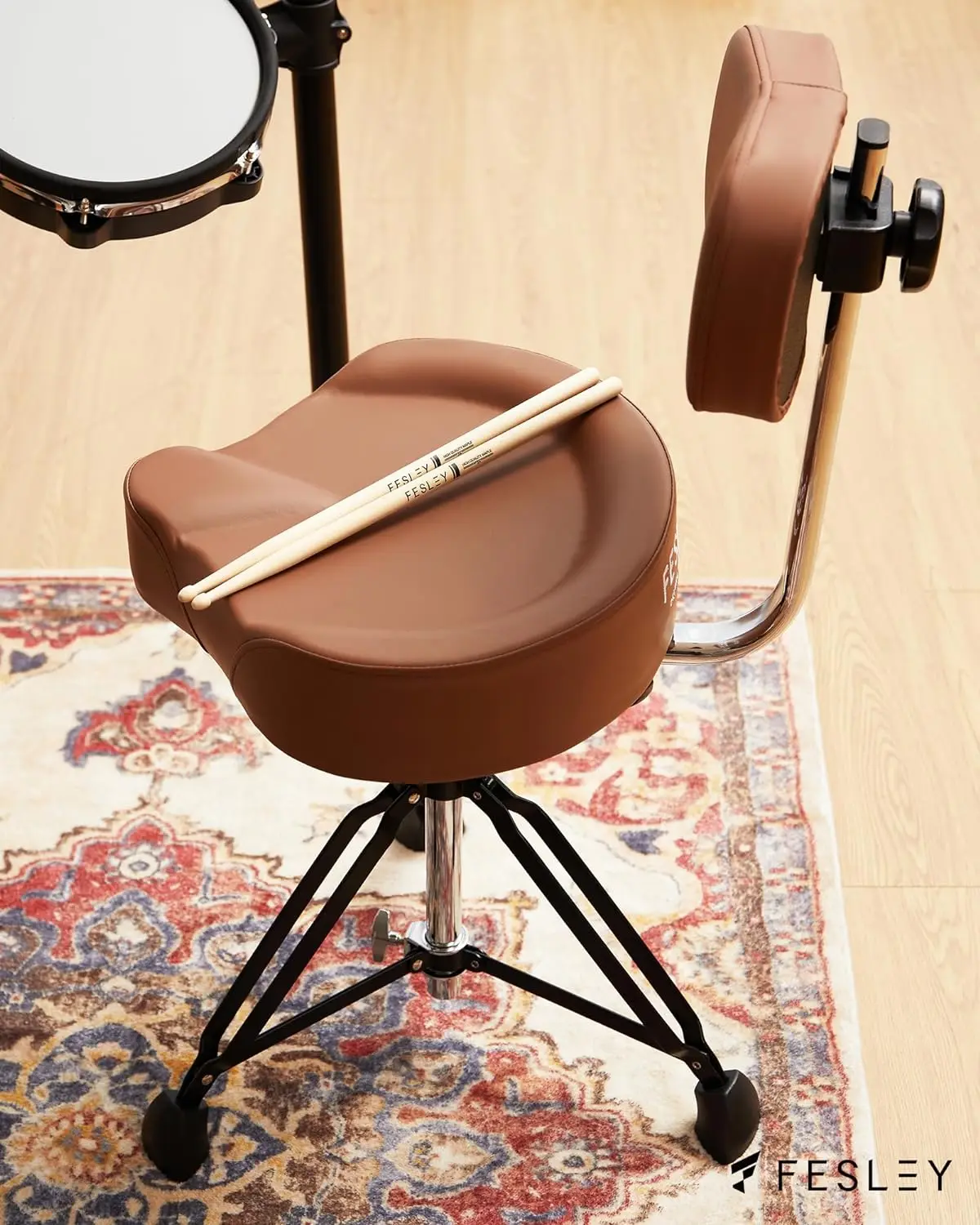 Fesley Drum Stool, Padded Seat Height Adjustable Drum Throne, Drum Seat with Anti-Slip Feet for Adults Beginner Drummers, FS30