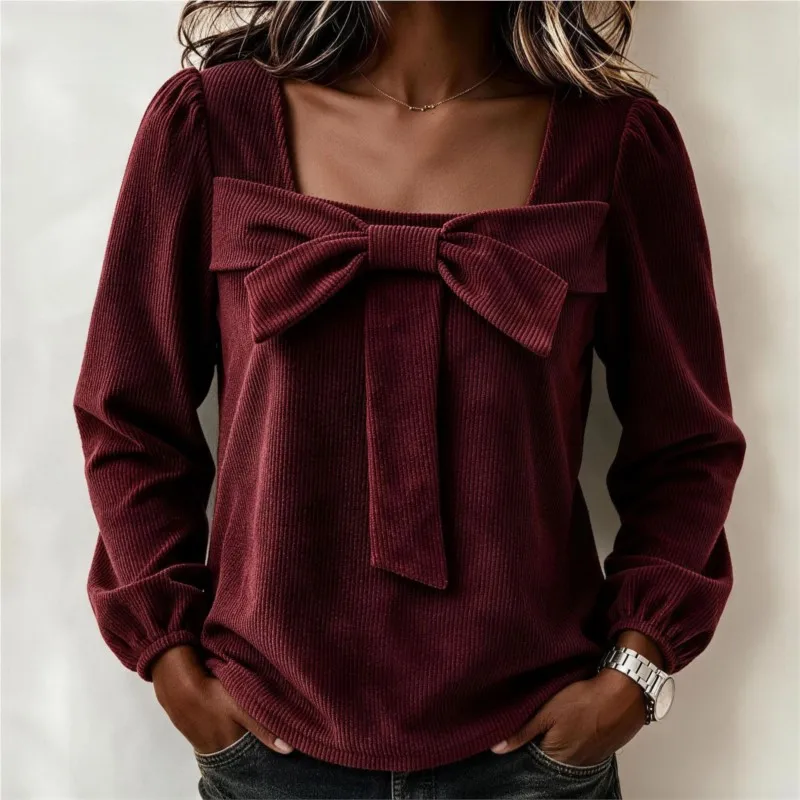 Women Tops Spring Autumn Fashion Corduroy Long Sleeve Square Neck Shirt With Bow Decor Casual Going Out Top Daily Streetwear
