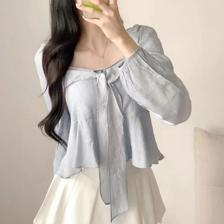 Chic Women's Chiffon irt Spring Autumn Bow Tie Gentle Sweet Anti Aging  Color Square Collar Long Sve ort Top