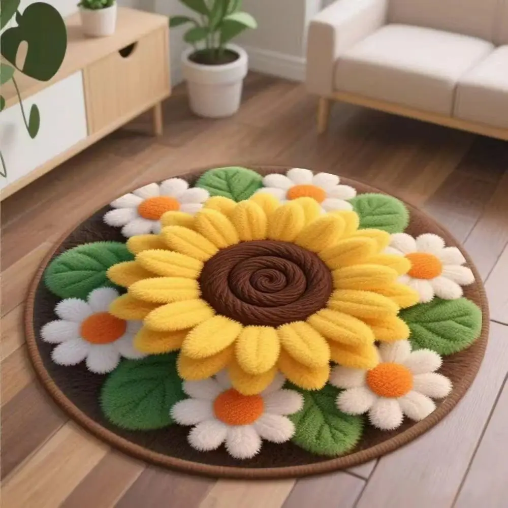 VIKAMA 3D Visual Sunflower Carpet Round Non-slip Mat for Bedroom Bedside Hallway Living Room Decor