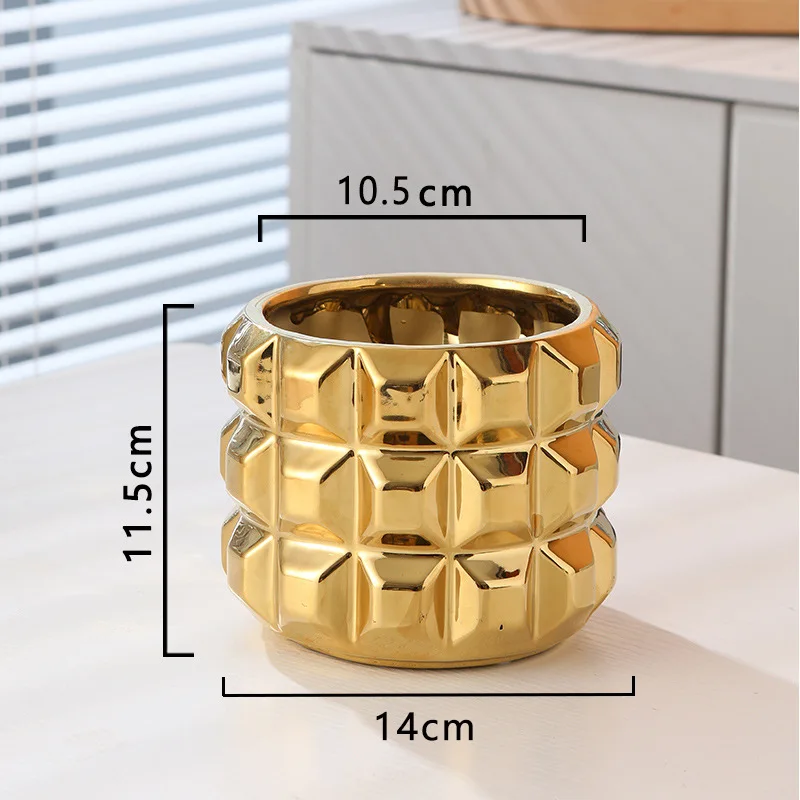 Gold Plating Ceramic Vase Crafts Relief Cylinder Flower Bottle Plant Container Office Flower Planter Pot High Sense Table Decor