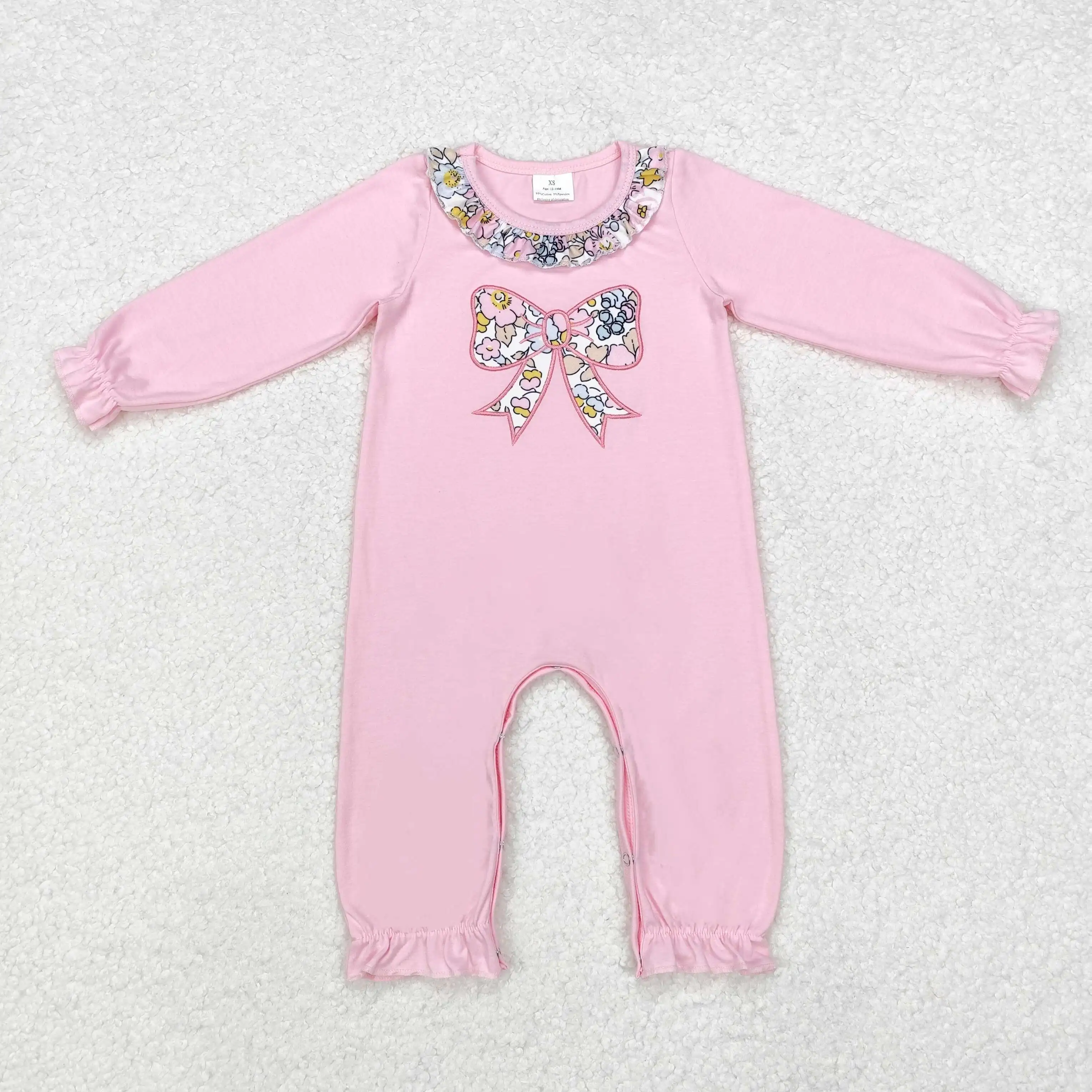 new rts infant girls pink jumpsuit wholesale pure cotton embroidered bow winter cute baby girls romper