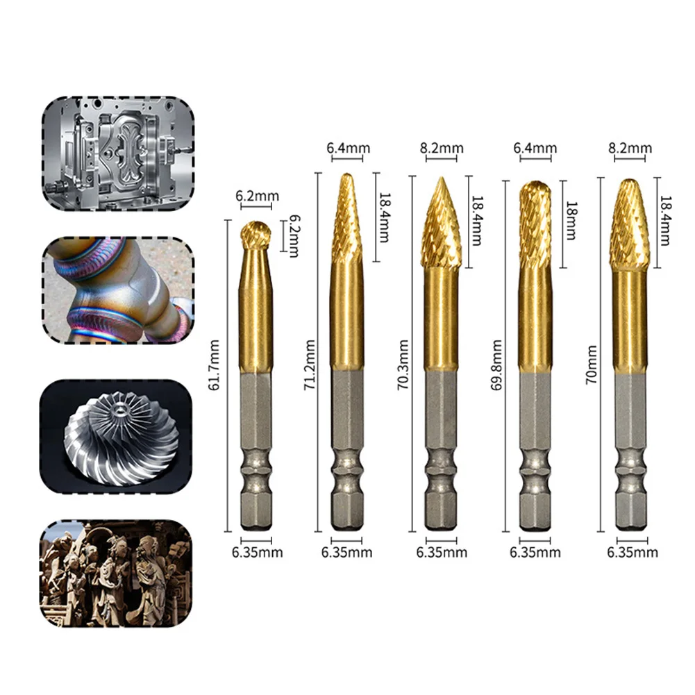 5 pçs arquivo rotativo broca 1/4 Polegada hexágono haste carboneto arquivo rotativo rebarbas gravura moagem polimento para metal madeira