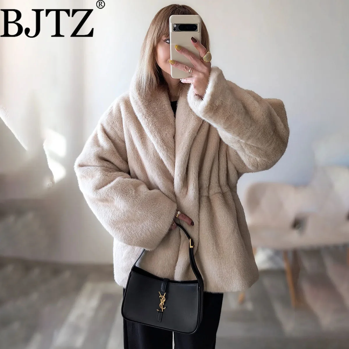 معطف نسائي من الفرو الصناعي مبطن سميك من BJTZ، سترة شتوية دافئة من الفرو المزيف، ملابس خارجية فاخرة وأنيقة