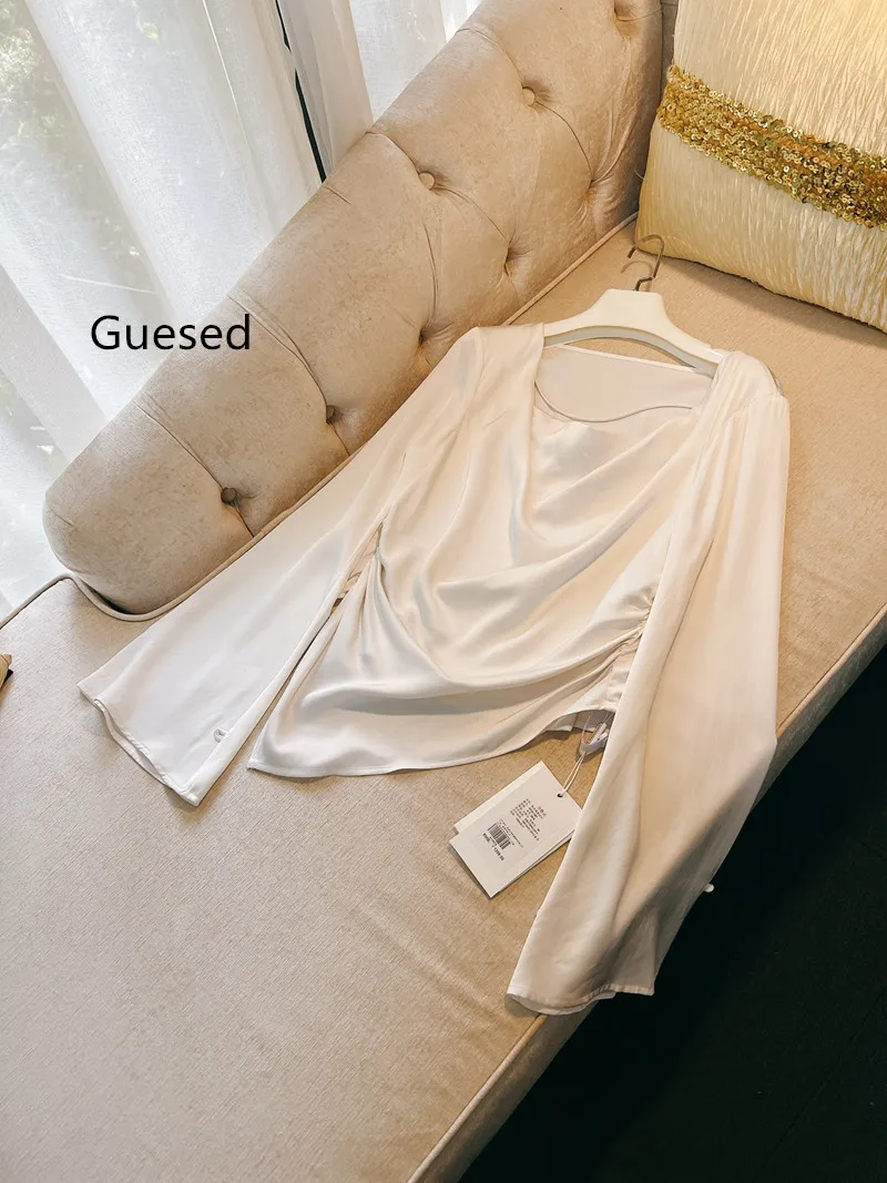 

Guesed French Design Shirt Flare Sleeve Top Satin Blouse White Top Quality Folds Irregular Tops New Arrival