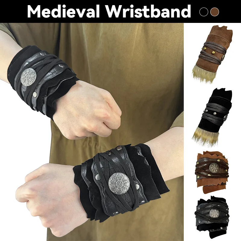 

1PC Medieval Faux Fur Wristband Men PU Leather Bracers Wrist Guard Cosplay Props Arm Armor Cosplay Halloween Accessory
