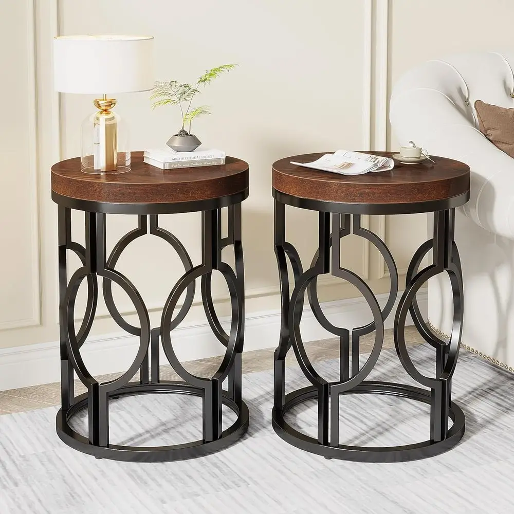 

Round End Table Set o 2, Industrial Side Table with Metal Hollow e, Small Bede Table Nightstand or Living Room, Bedroom, Easy As
