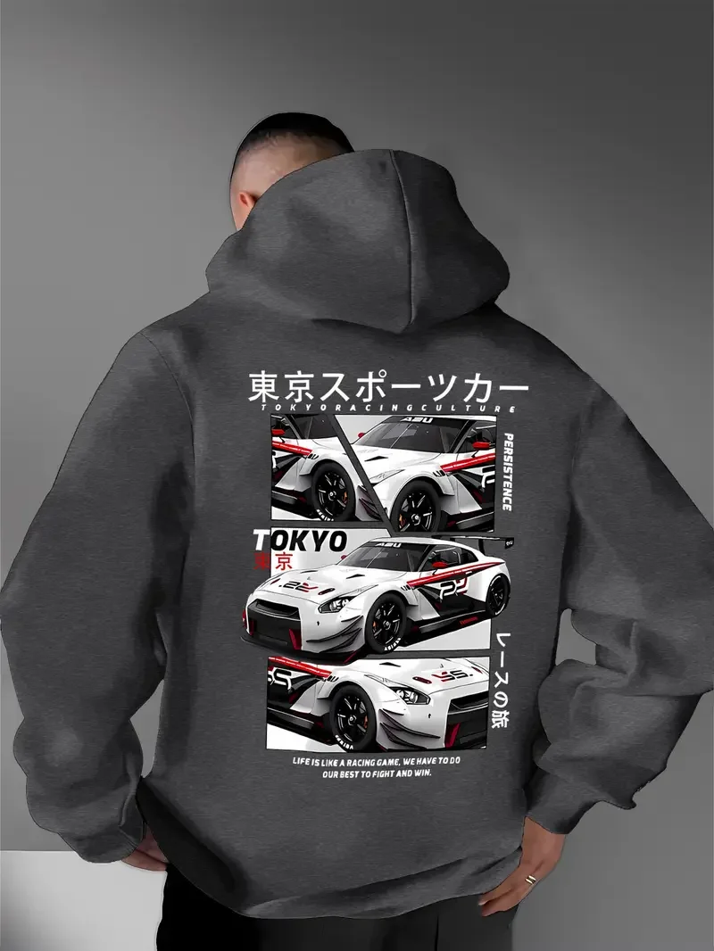 Hinter den Elementen der japanischen Tokyo Motor City steckt ein großformatiger, bedruckter Herren-Kapuzenpullover im lässigen Street-Style, ein Sweatshirt. – Detail 5