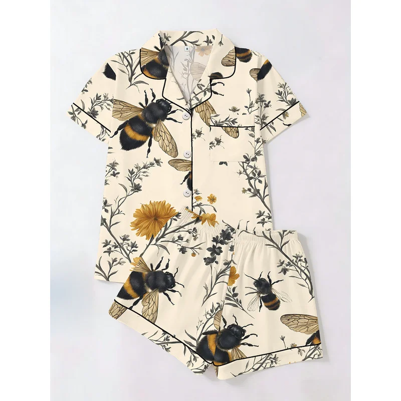 Women's Bee Sunflower Print Pajama Set Short Sleeve Button Down Top and Shorts Soft Sleepwear Loungewear Comfy Homewear Set