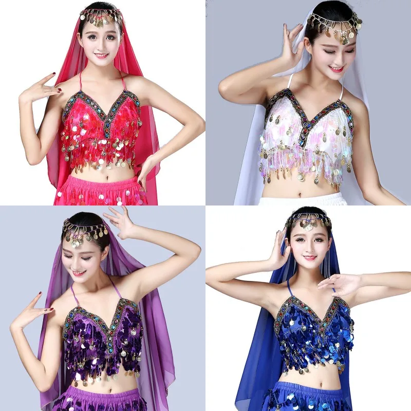 Sexy Belly Dance Shinny Tassel Crop Vest Top Sequin Colored Diamond Halter Bandage Tank Top Strappy Backless Party Club Costumes