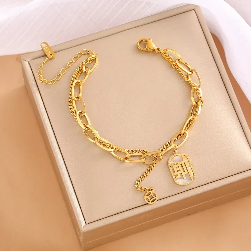 2025年最新 チタン鋼 フレンチレトロ レッティ ダイヤモンドがちりばめられたダブルブレスレット