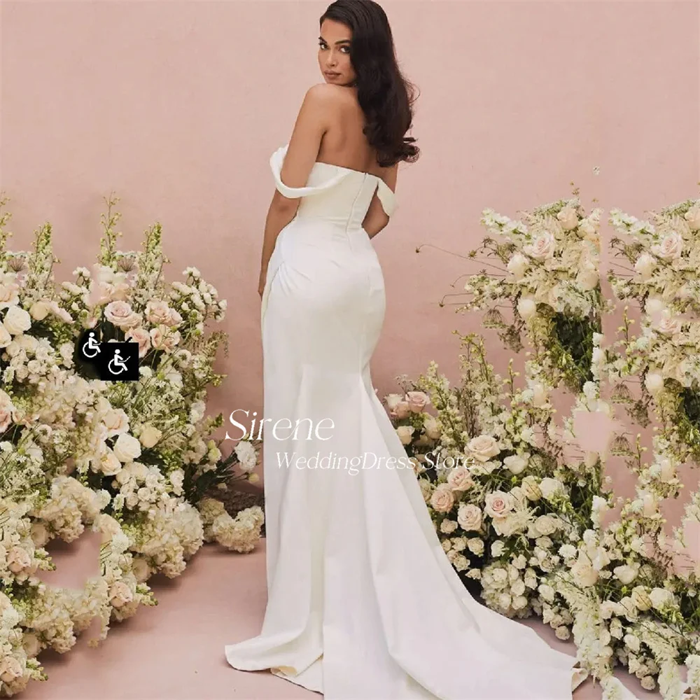 Sirene elegante schulter freie Meerjungfrau rücken freie Hochzeits kleid Seite geteilt Brautkleid Sweep Zug Satin Reiß verschluss Falte Vestido de Novia