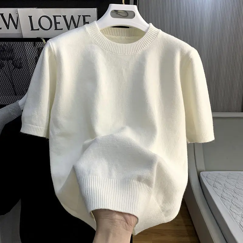 Solid Color Knitted Sweater Short Sleeved Spring Summer Thin T-shirt Men\'s Trendy Handsome With a Matching Base Shirt Tops