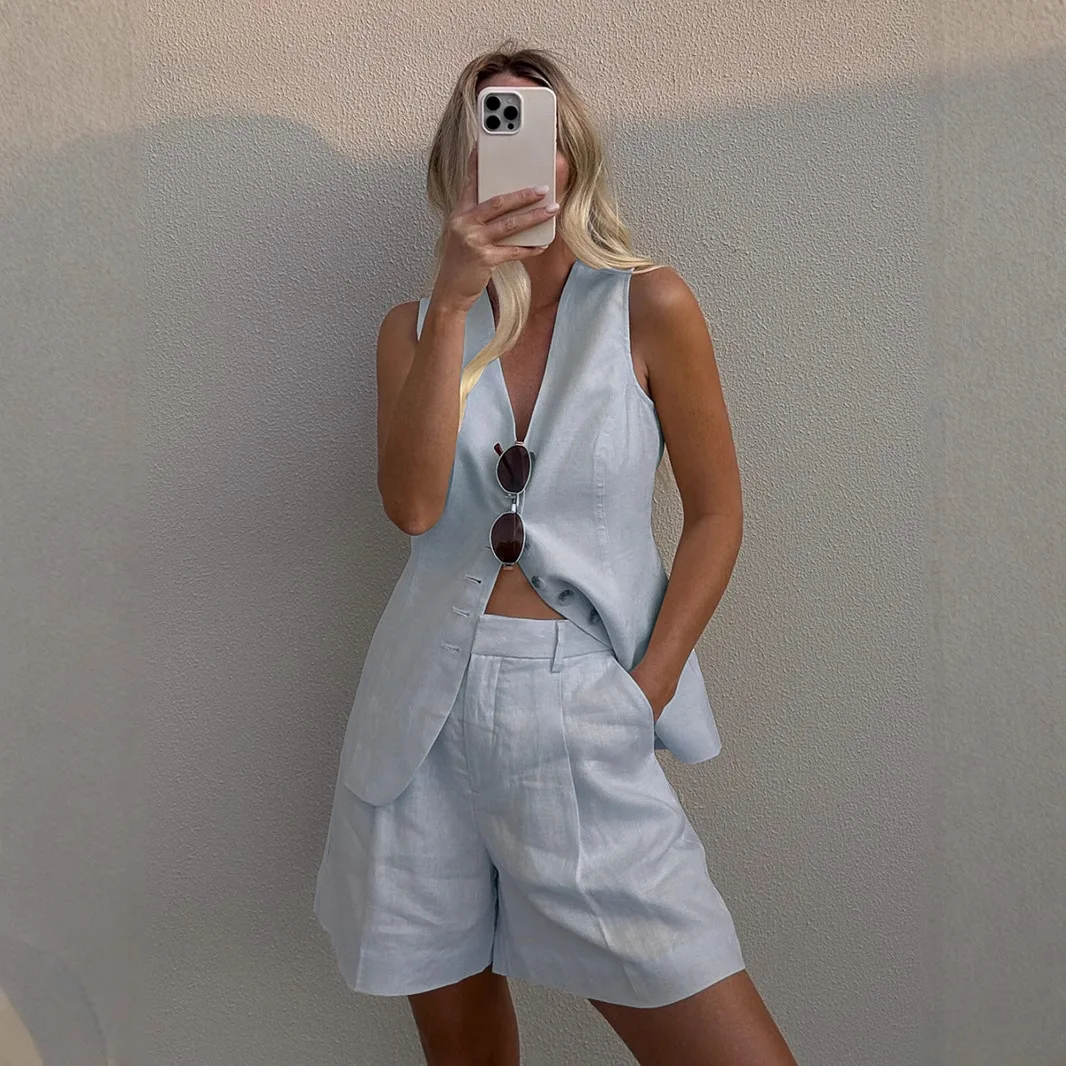 

Summer Office Lady Suit Women Shorts Sets Vintage Solid Single Breasted V Neck Vest Waistcoat Tops + Slim Zipper Fly Shorts